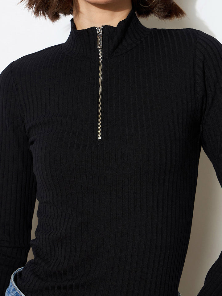 Women Black Rib Half Zipper Full Sleeves Top