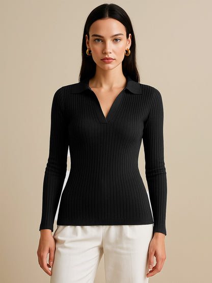 Black Rib Polo Style V-Neck Neck Top