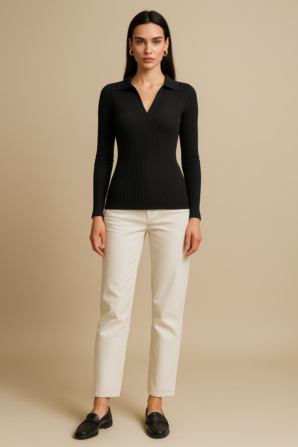 Black Rib Polo Style V-Neck Neck Top