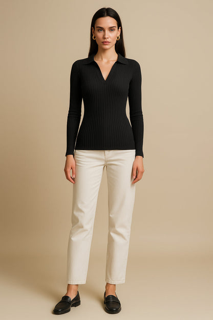 Black Rib Polo Style V-Neck Neck Top