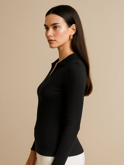 Black Rib Polo Style V-Neck Neck Top