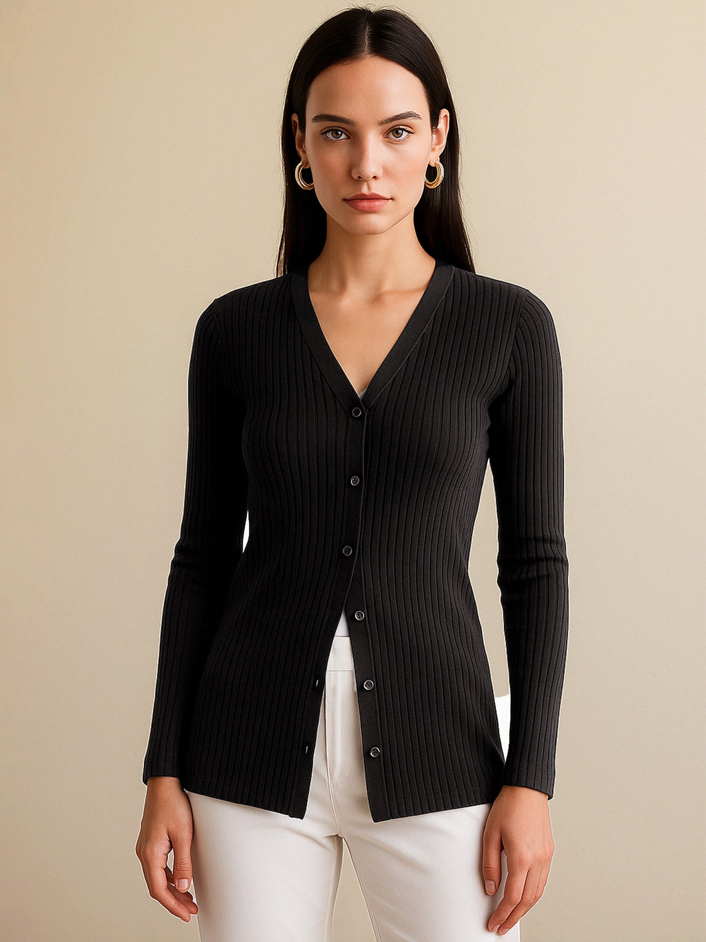 Black Rib Front Button Top