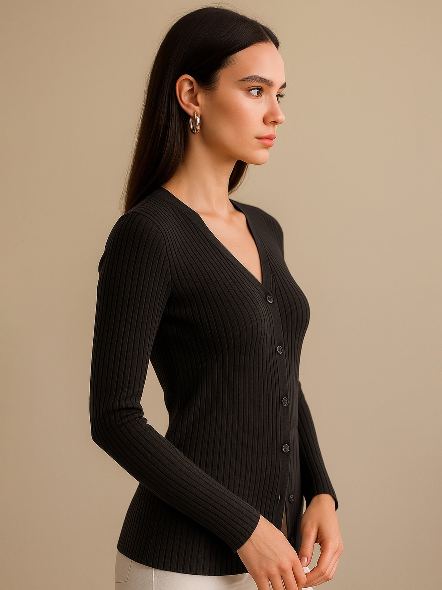 Black Rib Front Button Top
