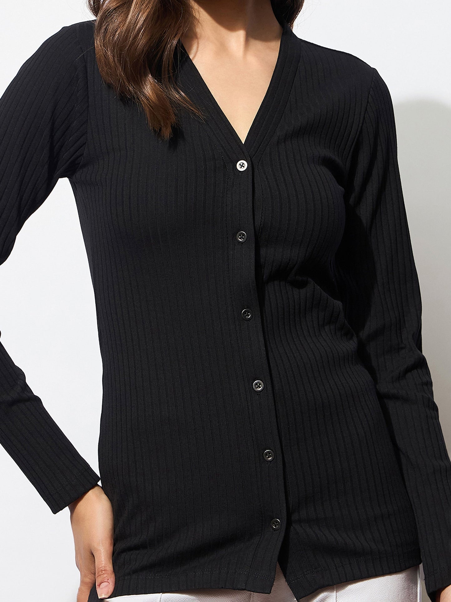 Black Rib Front Button Top