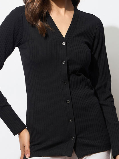 Black Rib Front Button Top
