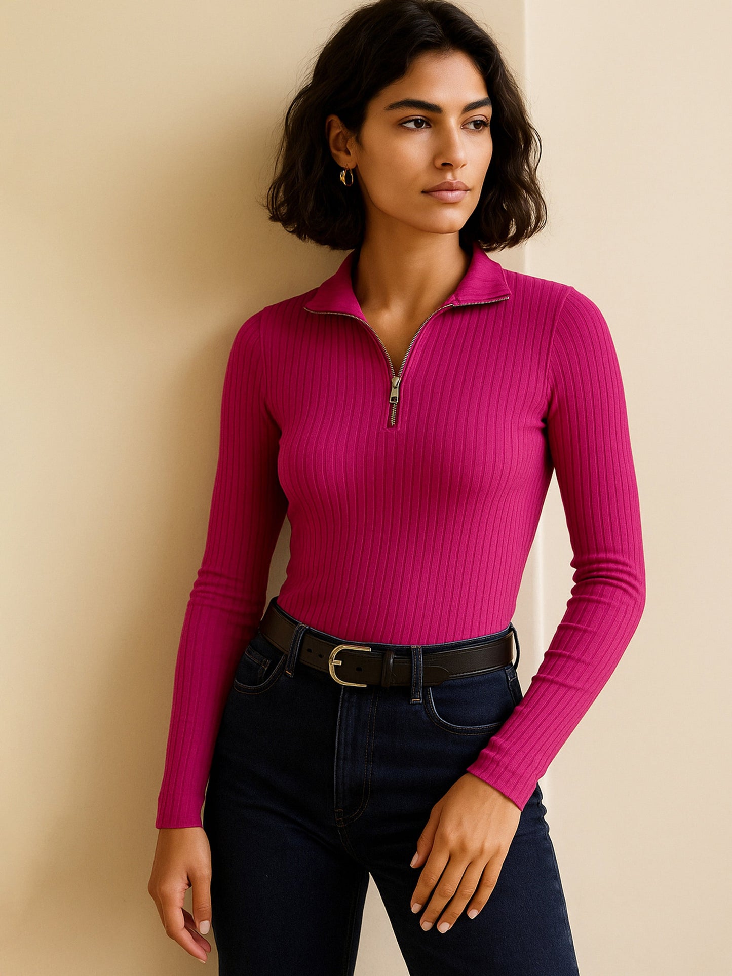 Women Fuchsia Rib Half Zipper Full Sleeves Top