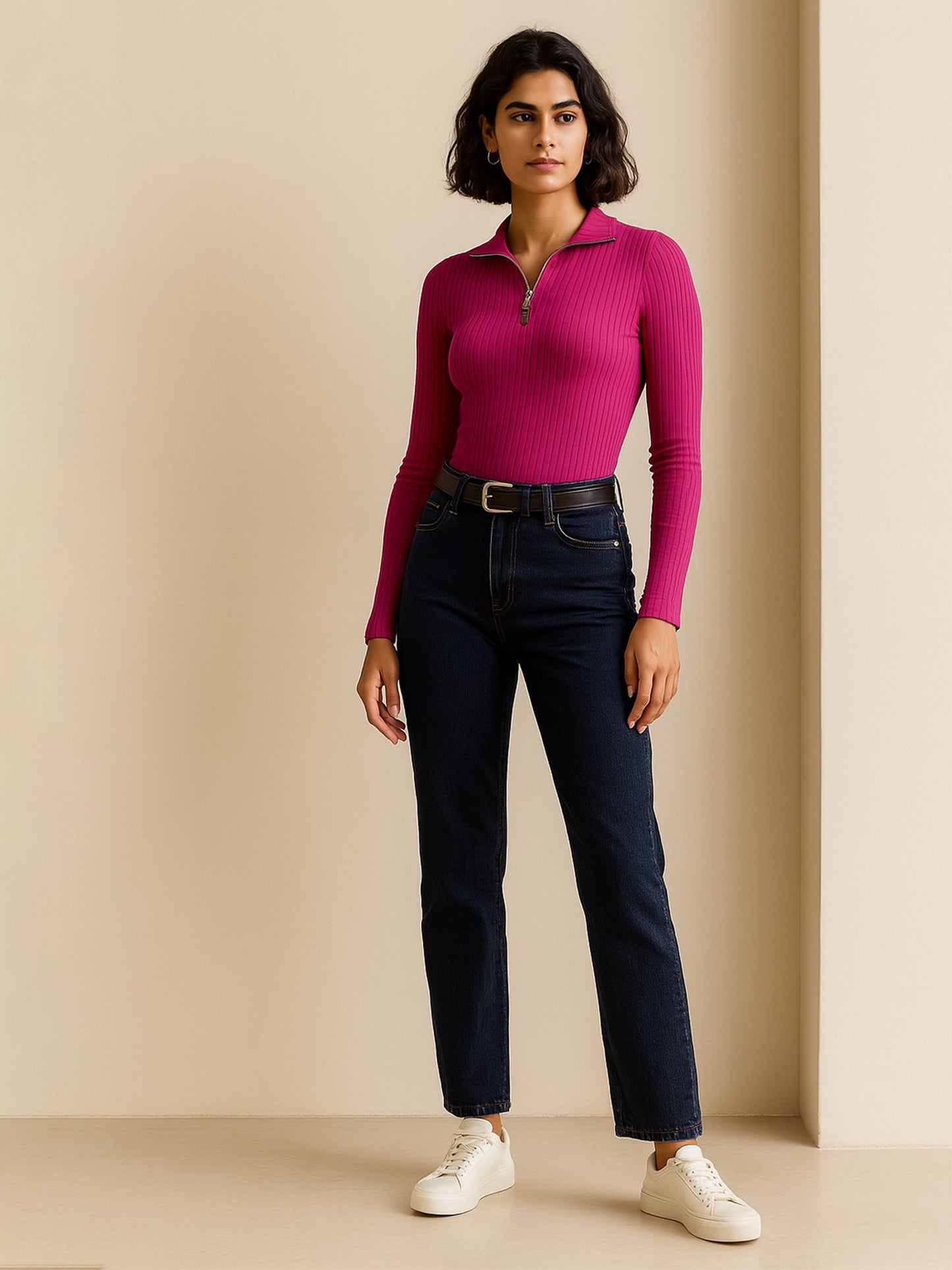 Women Fuchsia Rib Half Zipper Full Sleeves Top