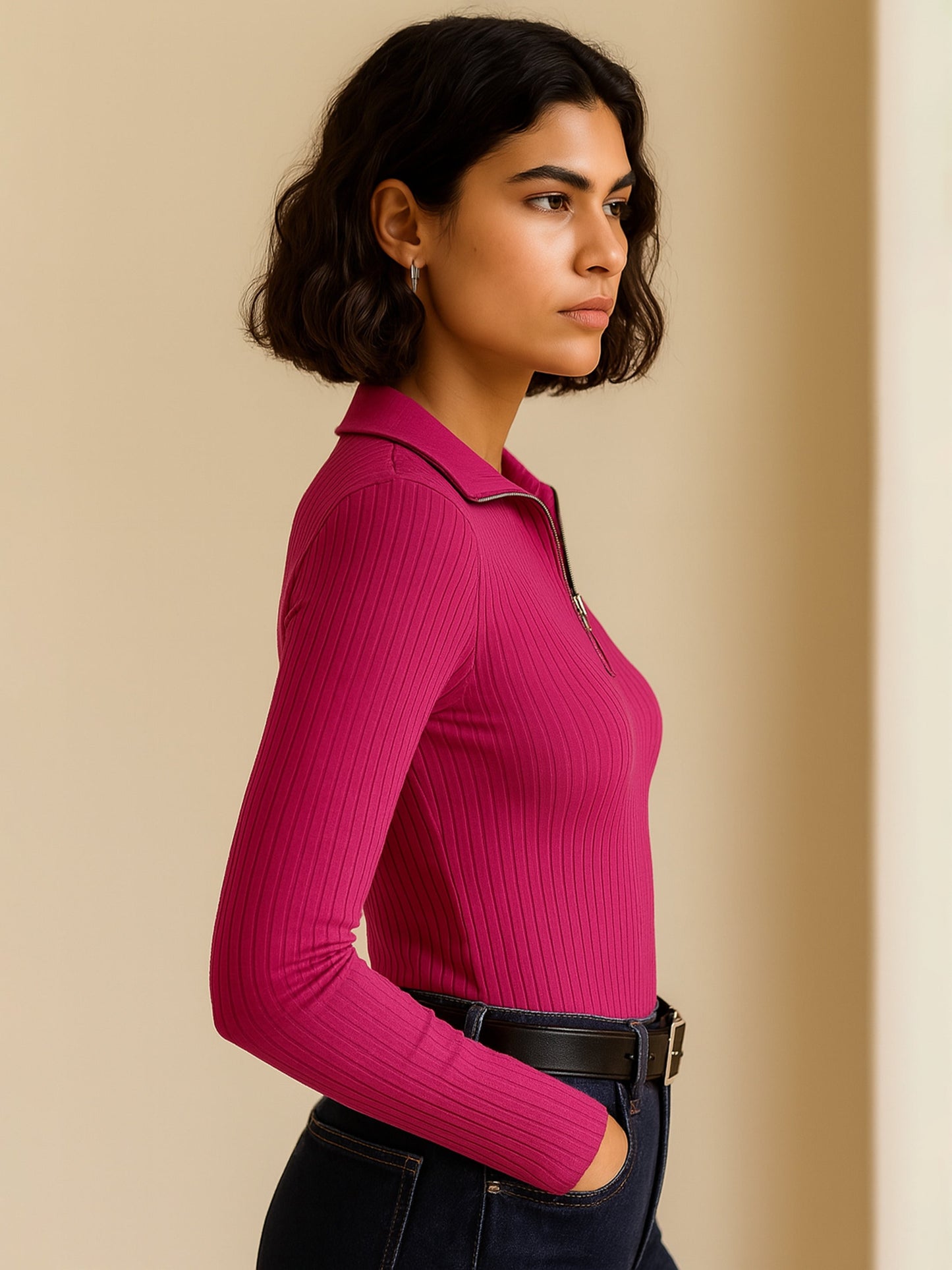 Women Fuchsia Rib Half Zipper Full Sleeves Top