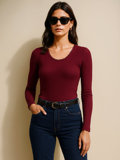 Women Maroon Rib Round Neck Full Sleeves Lace Top