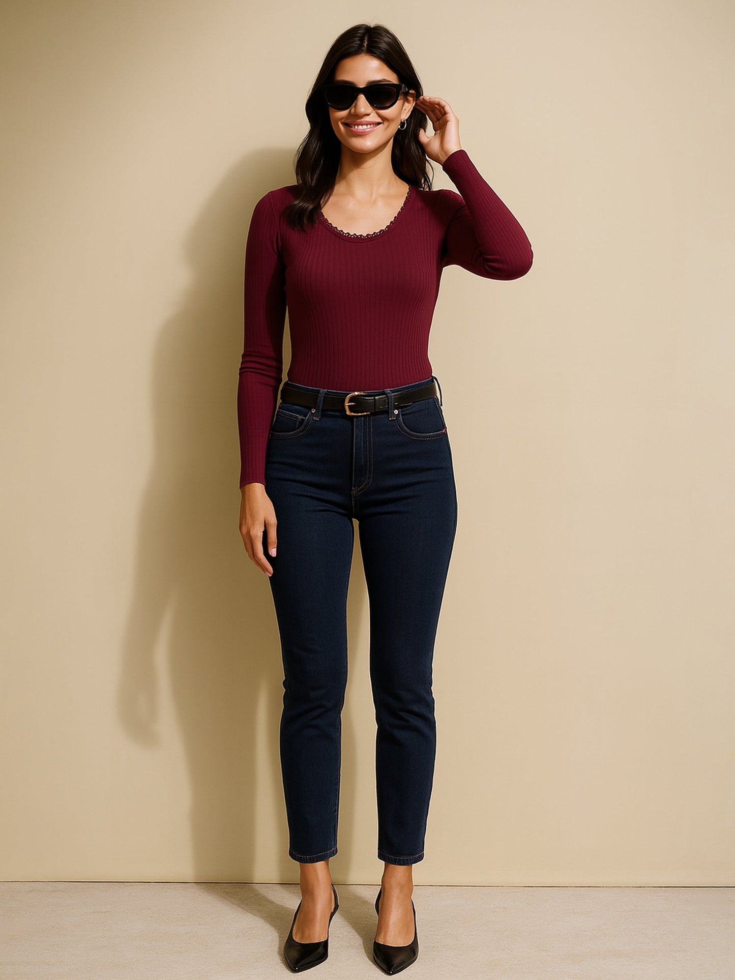 Women Maroon Rib Round Neck Full Sleeves Lace Top