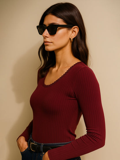 Women Maroon Rib Round Neck Full Sleeves Lace Top