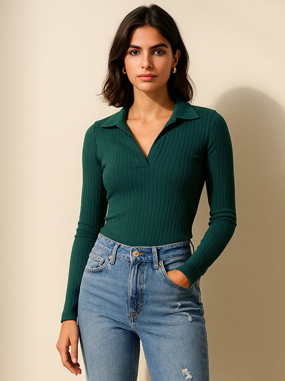 Women Emerald Rib Polo Style V-Neck Neck Top