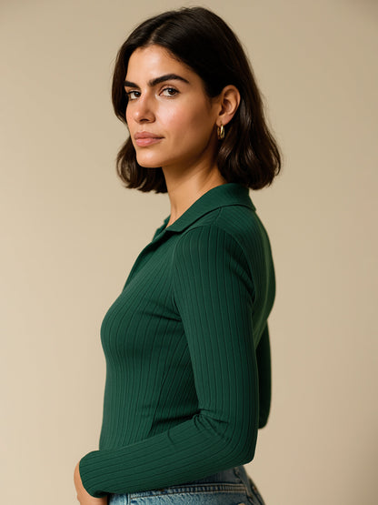 Women Emerald Rib Polo Style V-Neck Neck Top