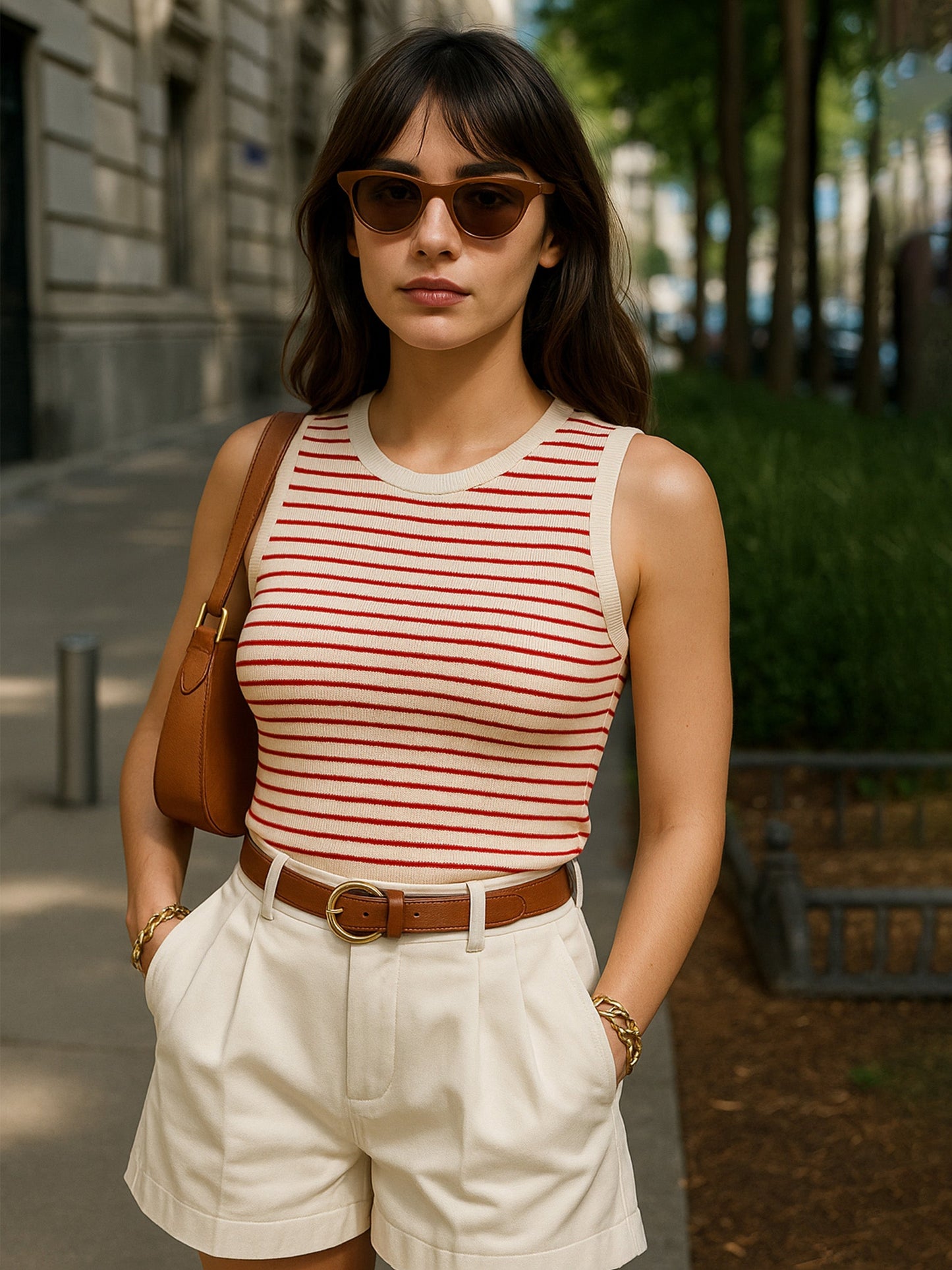 Women Red & Beige Stripes Sleeveless Crop Baby Tee