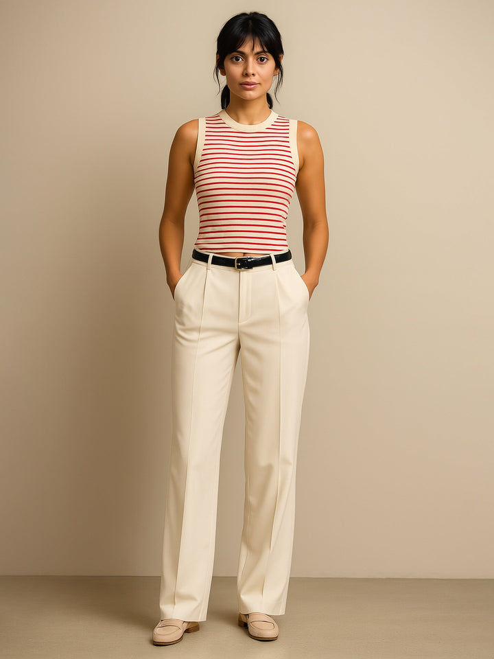 Women Red &amp; Beige Stripes Sleeveless Crop Baby Tee