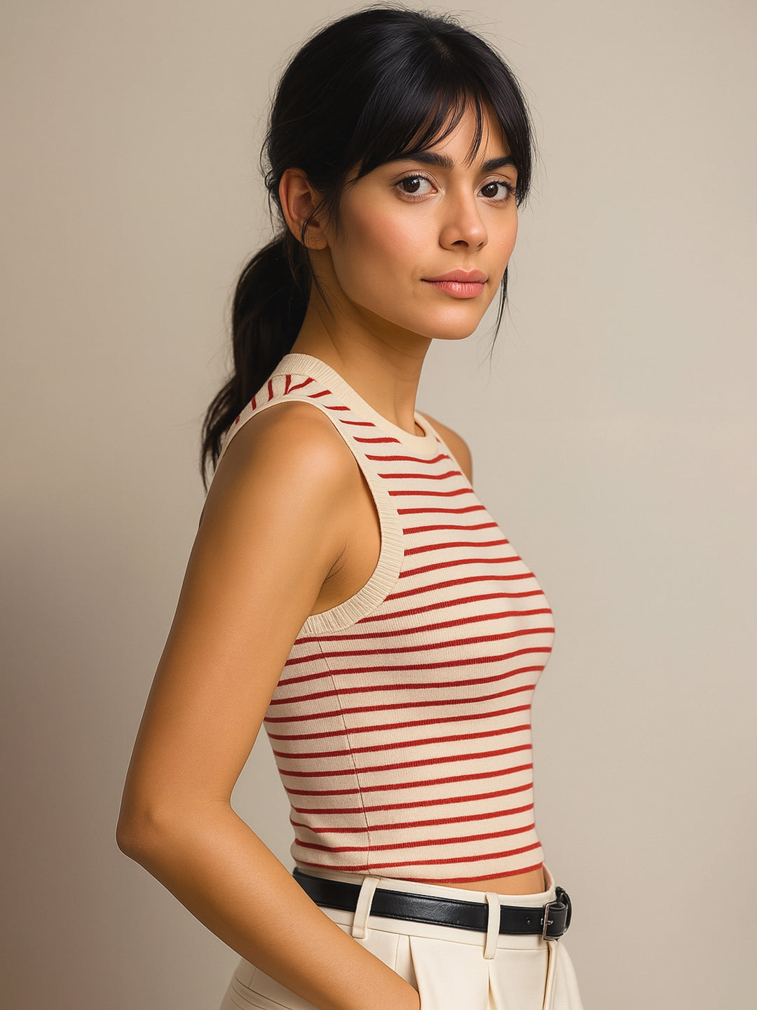 Women Red &amp; Beige Stripes Sleeveless Crop Baby Tee