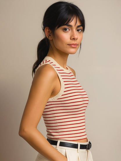 Women Red & Beige Stripes Sleeveless Crop Baby Tee