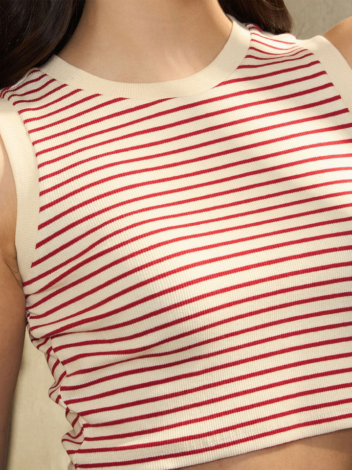 Women Red &amp; Beige Stripes Sleeveless Crop Baby Tee