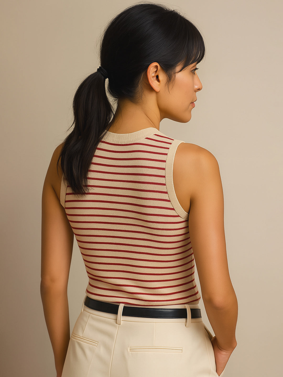 Women Red &amp; Beige Stripes Sleeveless Crop Baby Tee