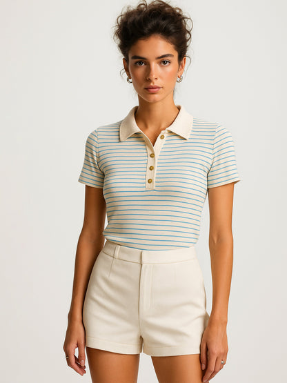 Blue & Beige Rib Stripes Polo T-Shirt