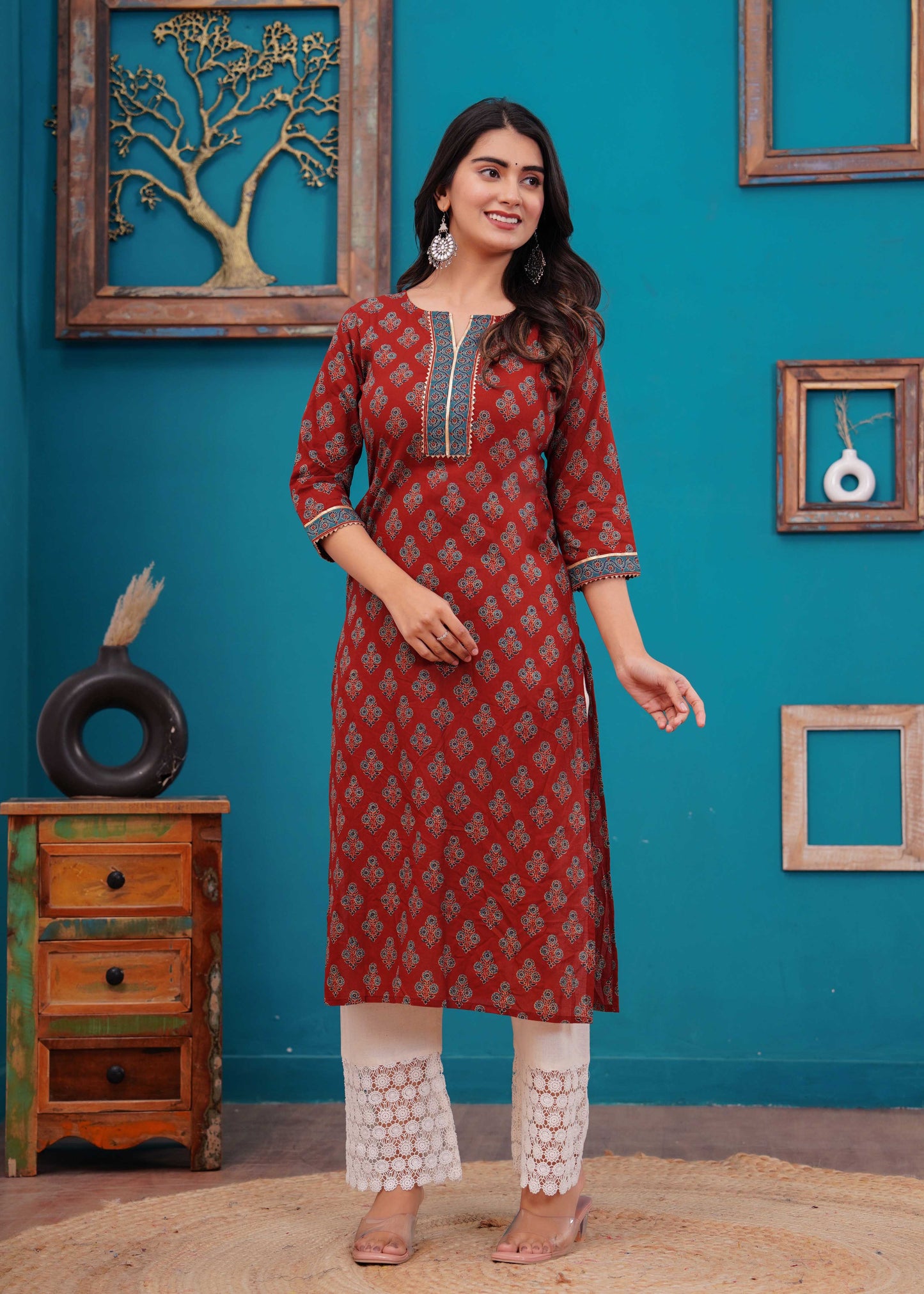 Maroon Printed Straight Kurta with Three Quarter Sleeves