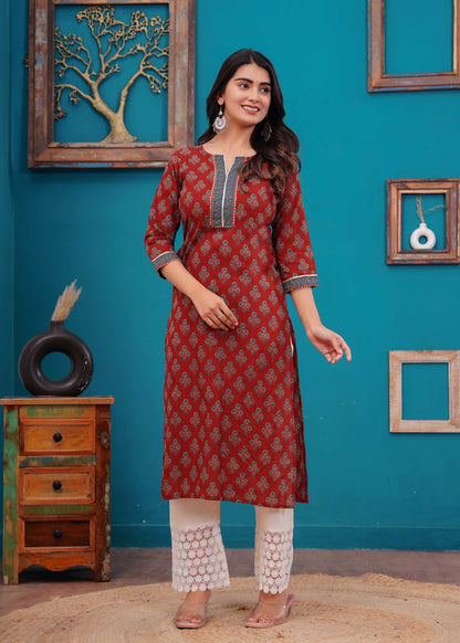 Maroon Printed Straight Kurta with Three Quarter Sleeves