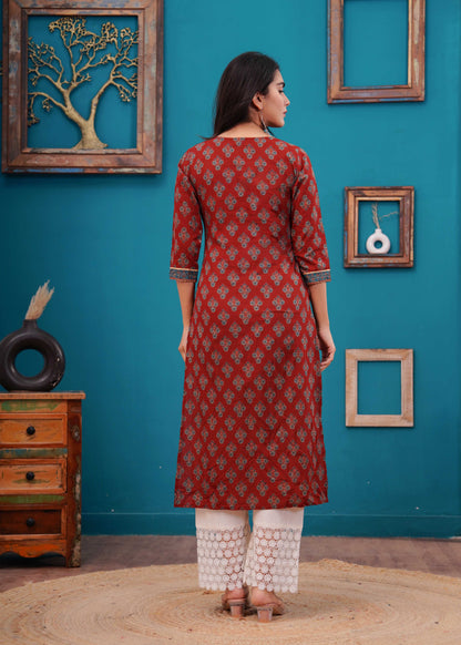 Maroon Printed Straight Kurta with Three Quarter Sleeves
