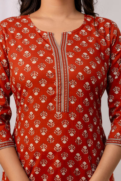Rust Ethnic Printed Straight Tunic
