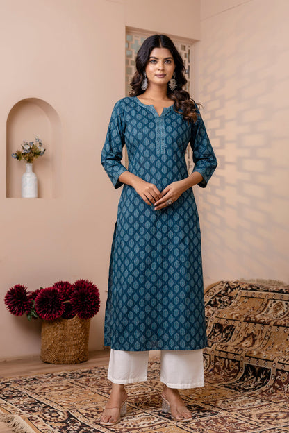 Teal Blue Printed Straight Kurta with Three Quarter Sleeves