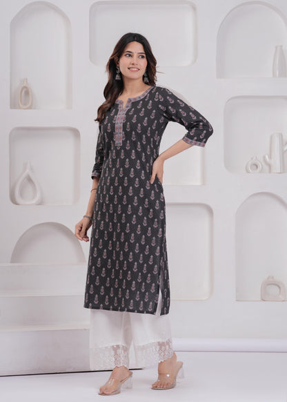 Black Printed Straight Kurta with Three Quarter Sleeves
