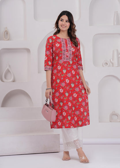Red Printed Straight Kurta with Three Quarter Sleeves
