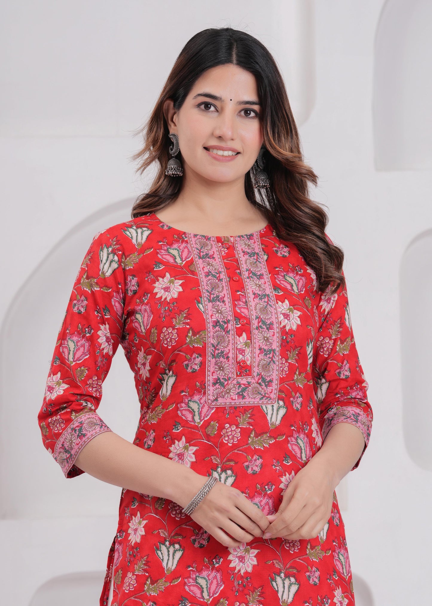 Red Printed Straight Kurta with Three Quarter Sleeves