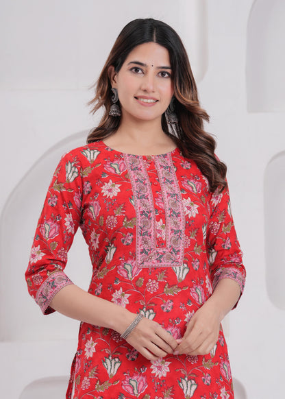 Red Printed Straight Kurta with Three Quarter Sleeves