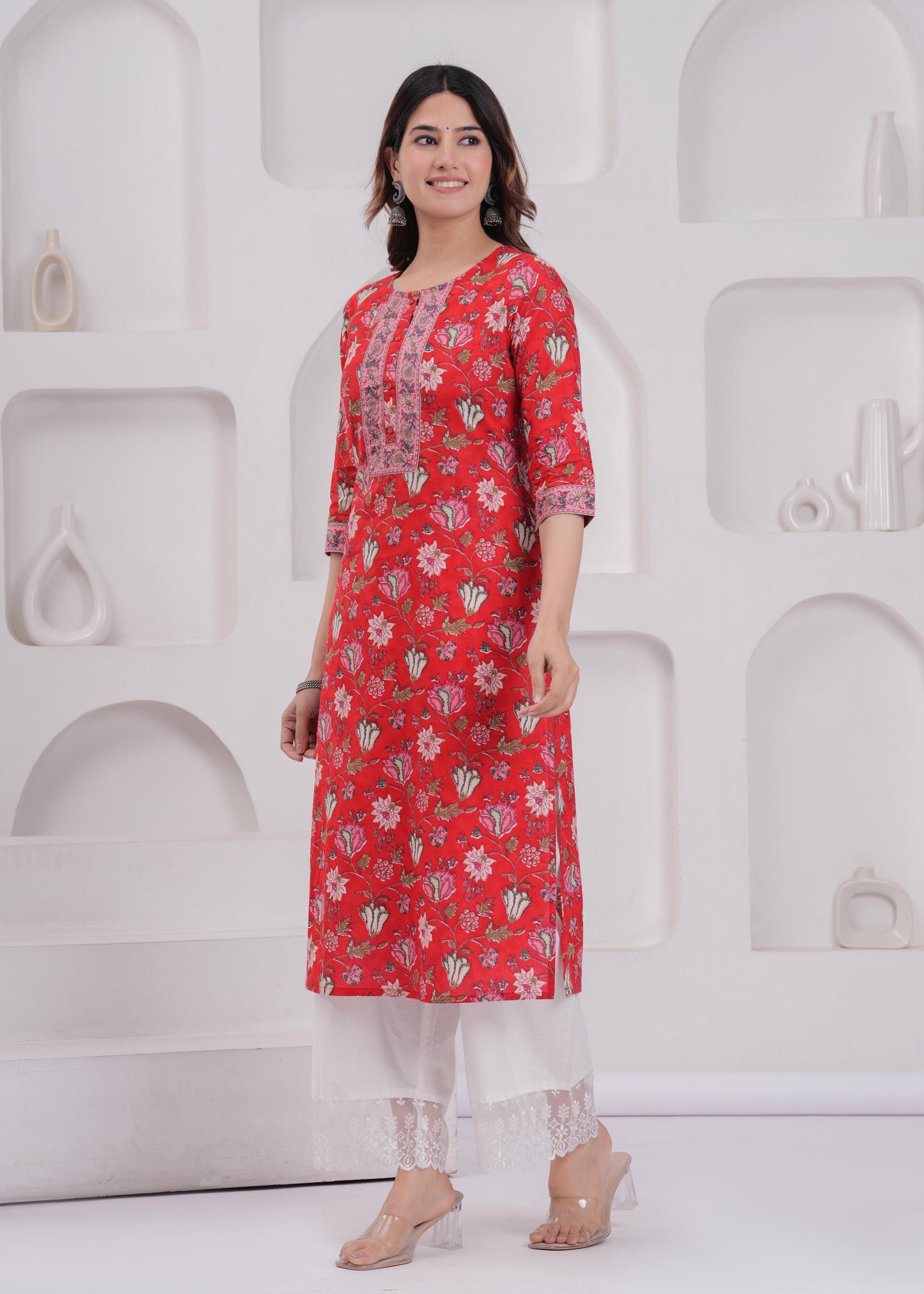 Red Printed Straight Kurta with Three Quarter Sleeves