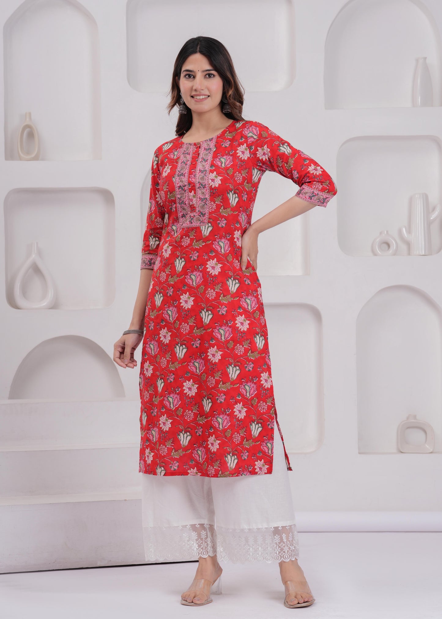 Red Printed Straight Kurta with Three Quarter Sleeves