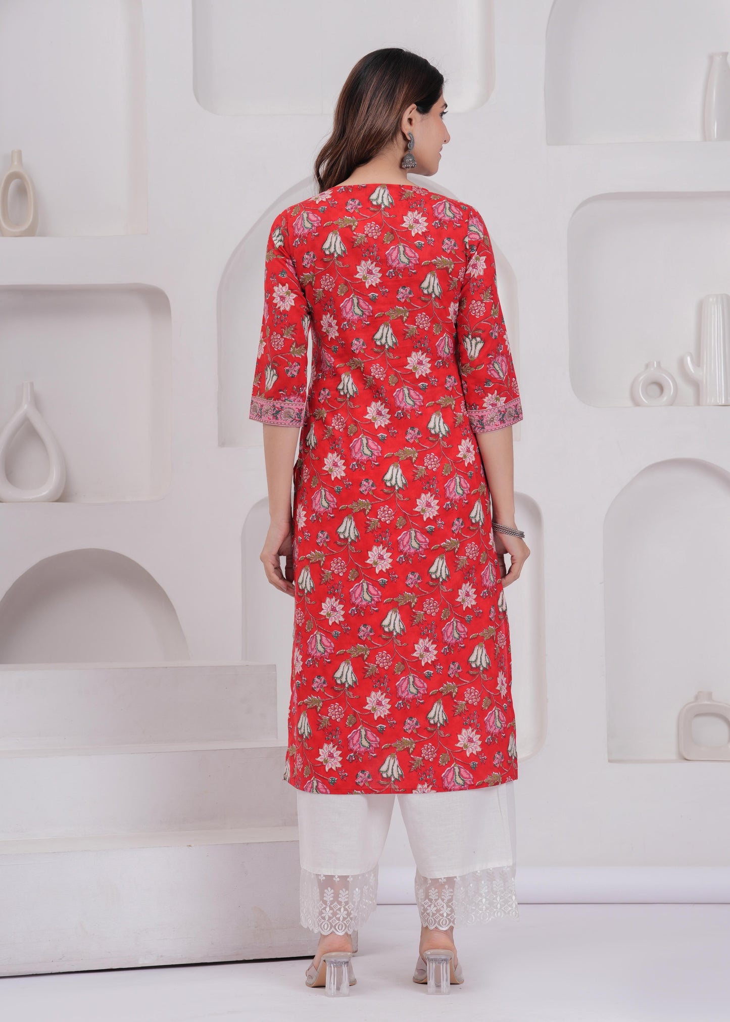 Red Printed Straight Kurta with Three Quarter Sleeves