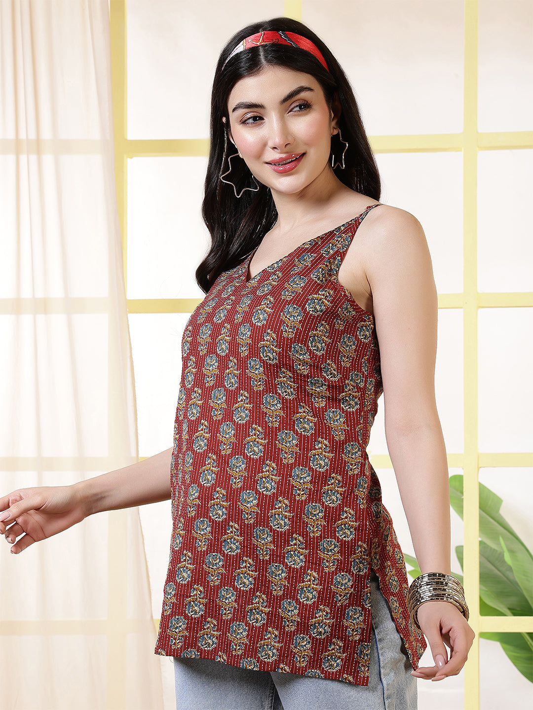 Women Maroon Printed Straight Tunic