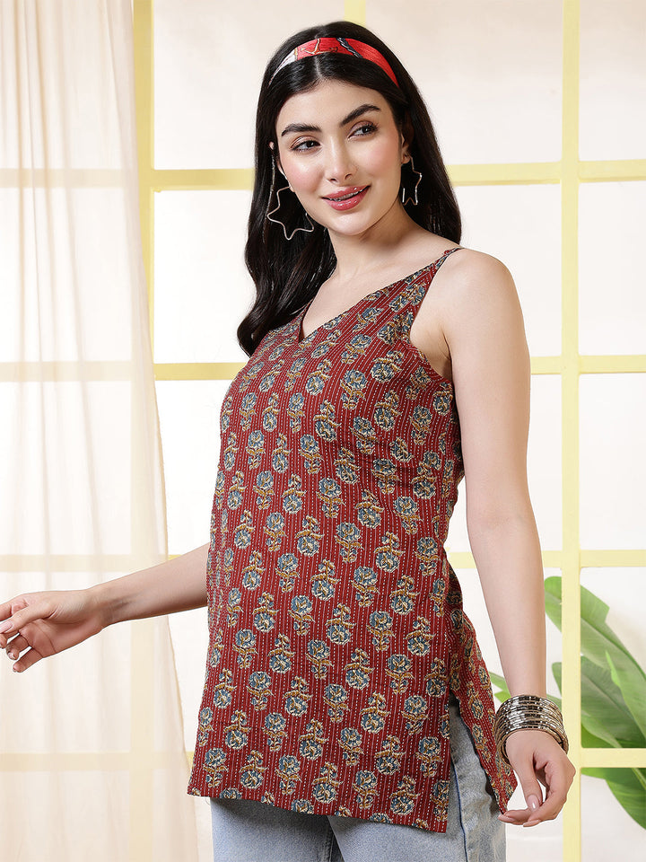 Women Maroon Printed Straight Tunic