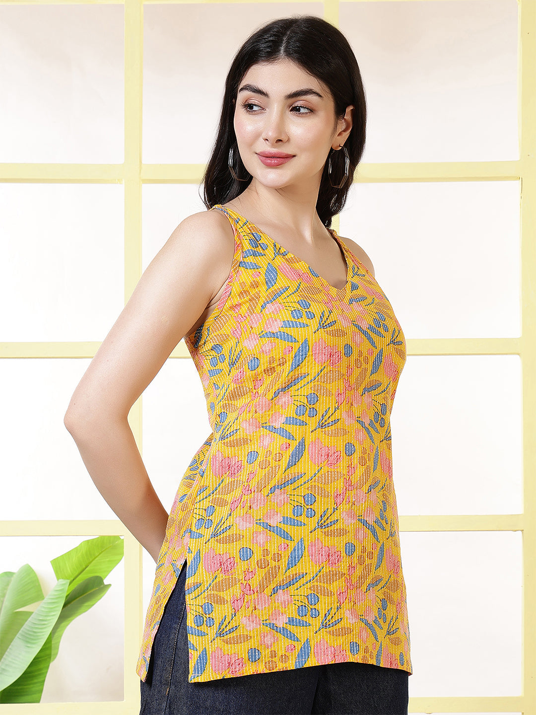 Women Yellow Printed Straight Tunic