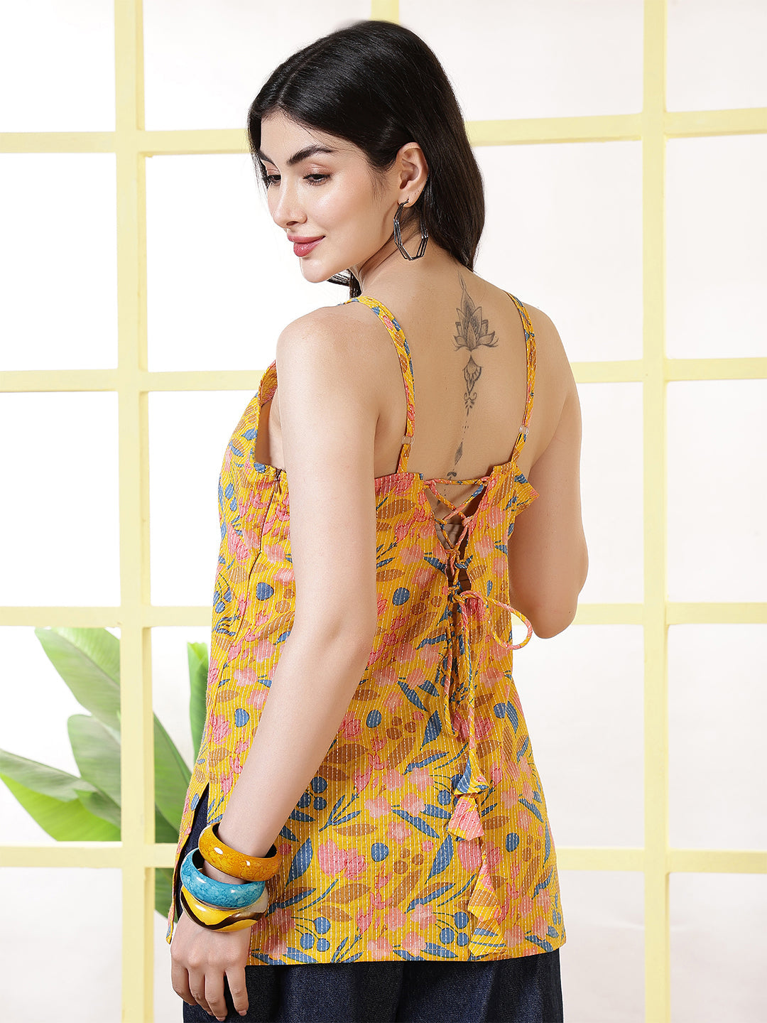 Women Yellow Printed Straight Tunic