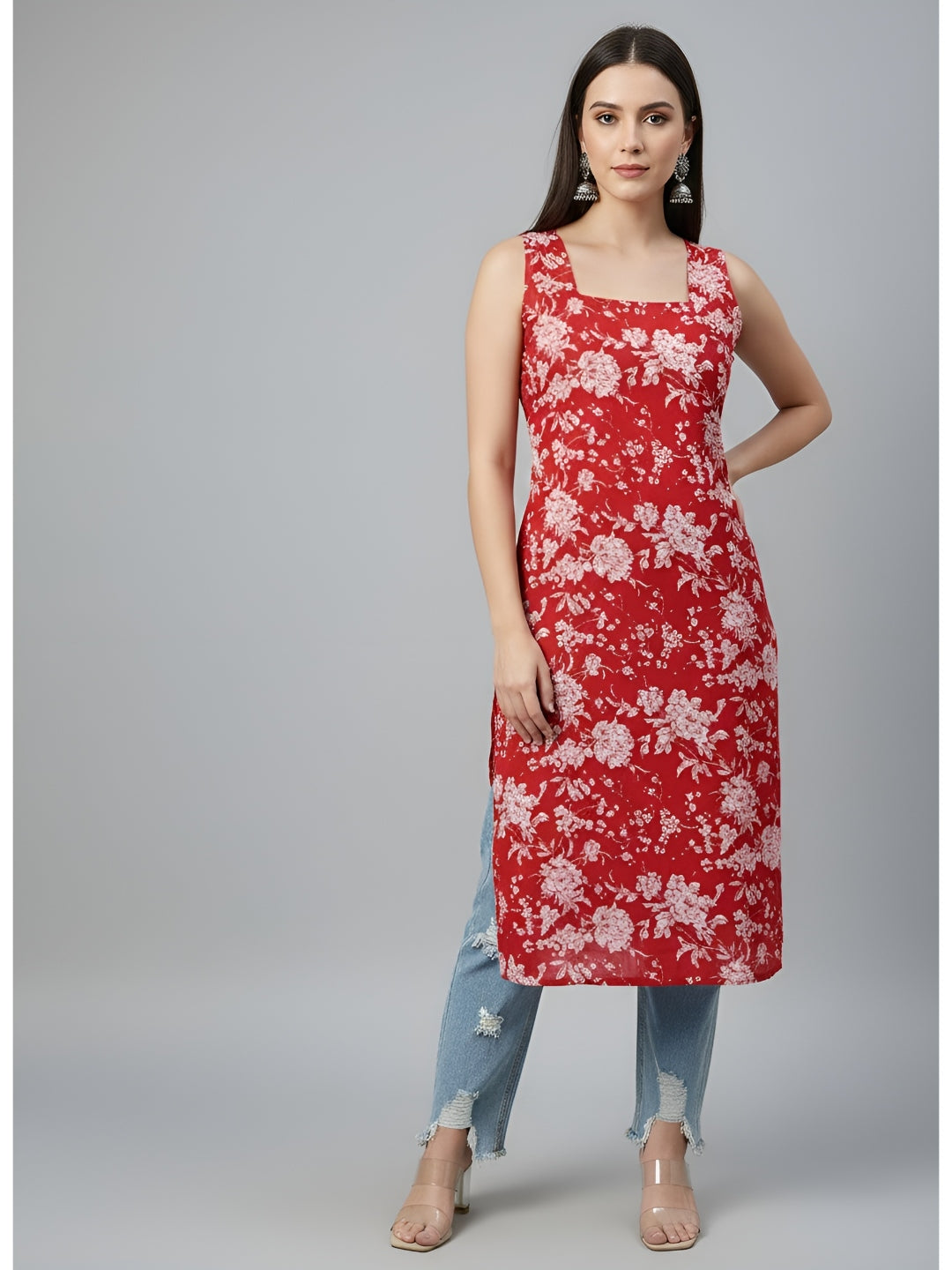Printed Stylish Back Straight Sleeveless Kurta