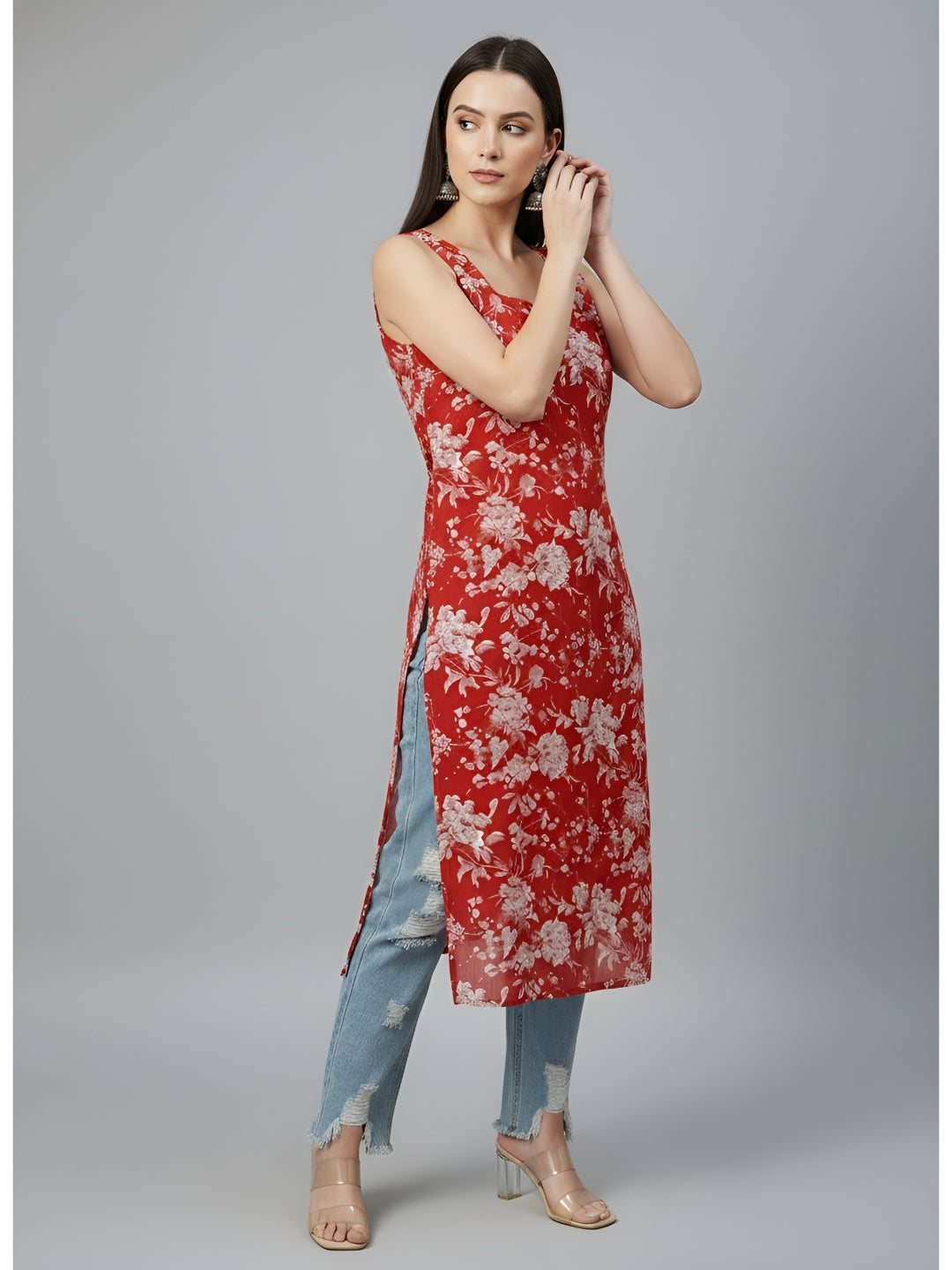 Printed Stylish Back Straight Sleeveless Kurta