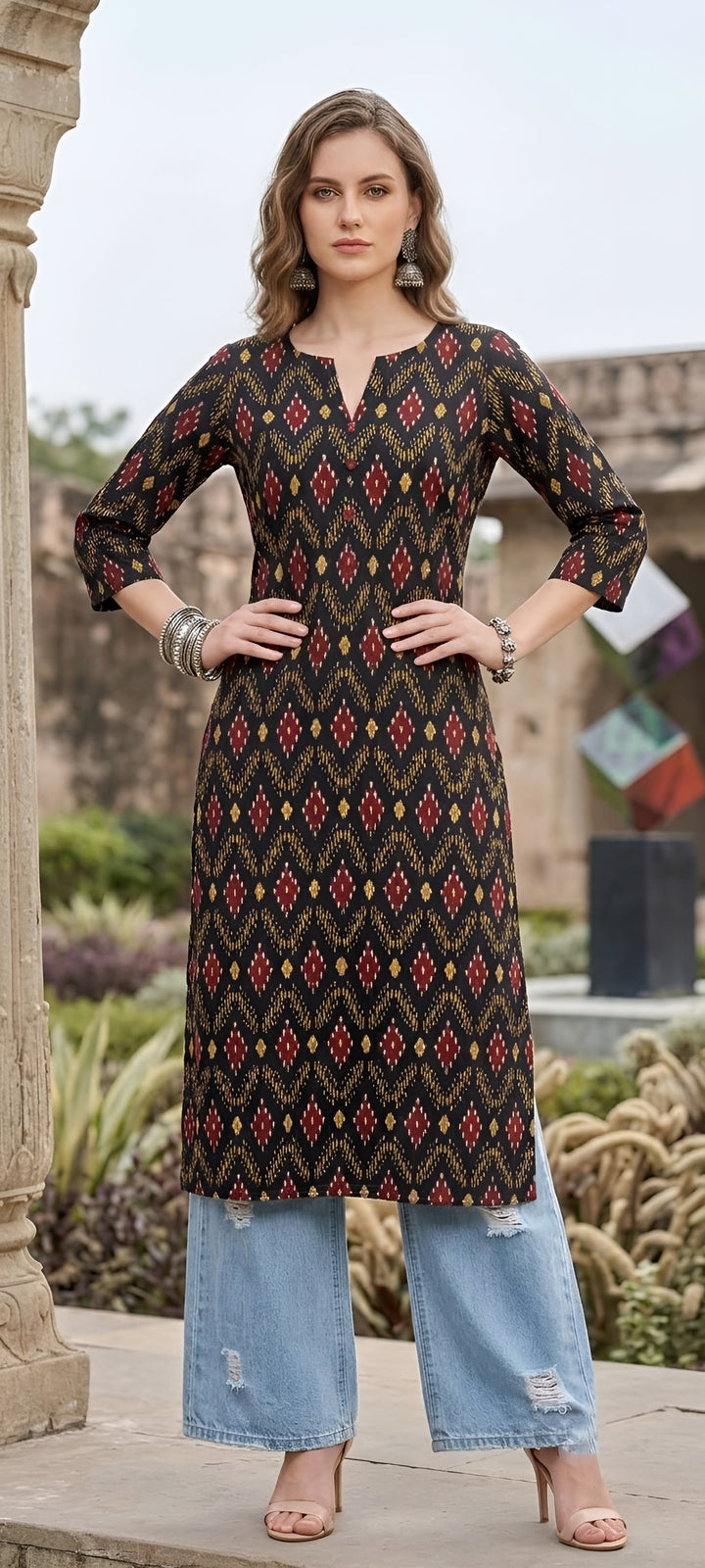Printed Straight Kurta With Three Quarter Sleeves