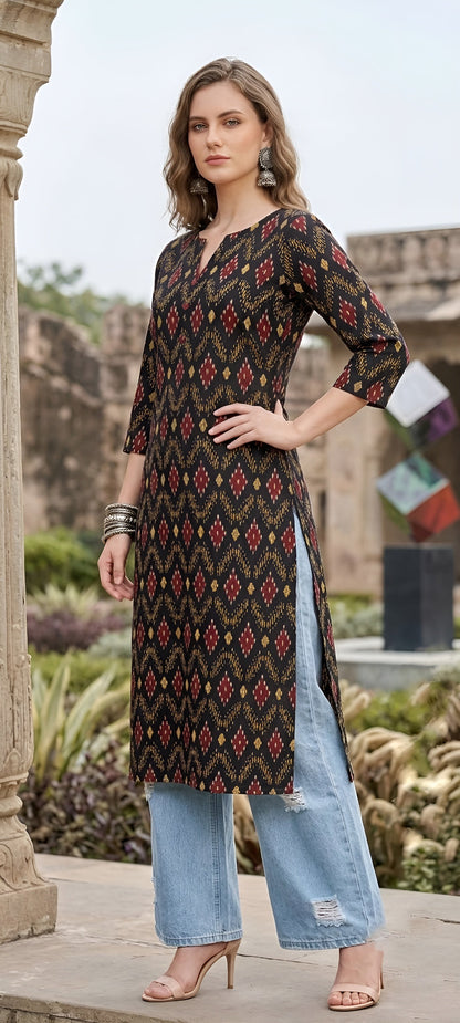 Printed Straight Kurta With Three Quarter Sleeves