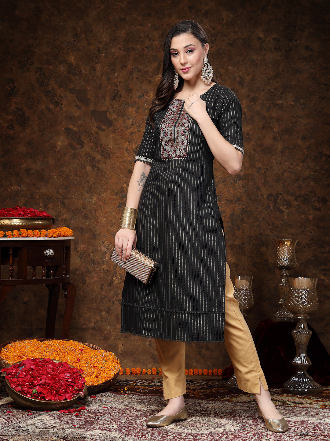 Black Woven Design & Embroidered Lurex Cotton Straight Kurta (Pre-Order)