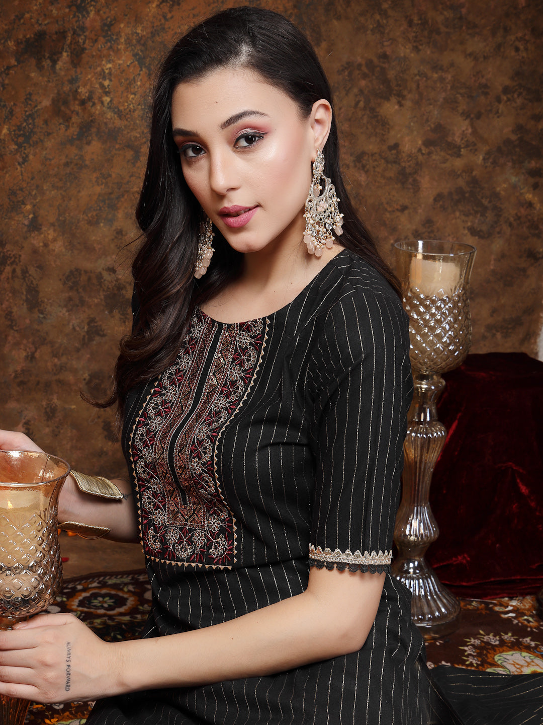 Black Woven Design & Embroidered Lurex Cotton Straight Kurta (Pre-Order)