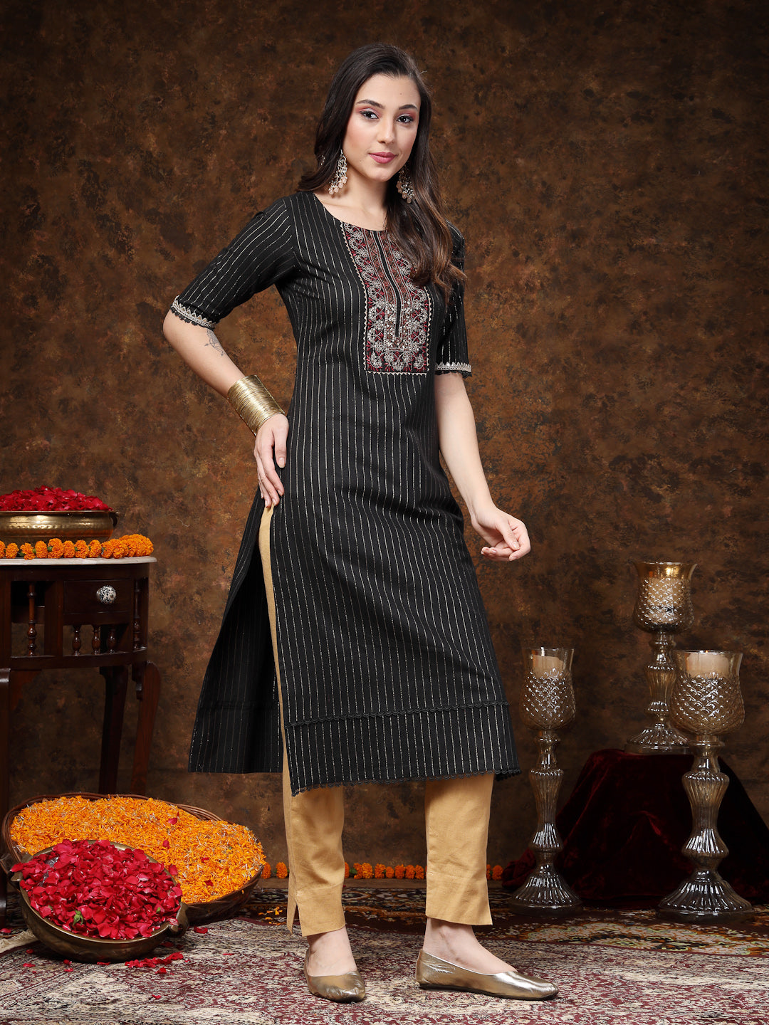 Black Woven Design & Embroidered Lurex Cotton Straight Kurta (Pre-Order)