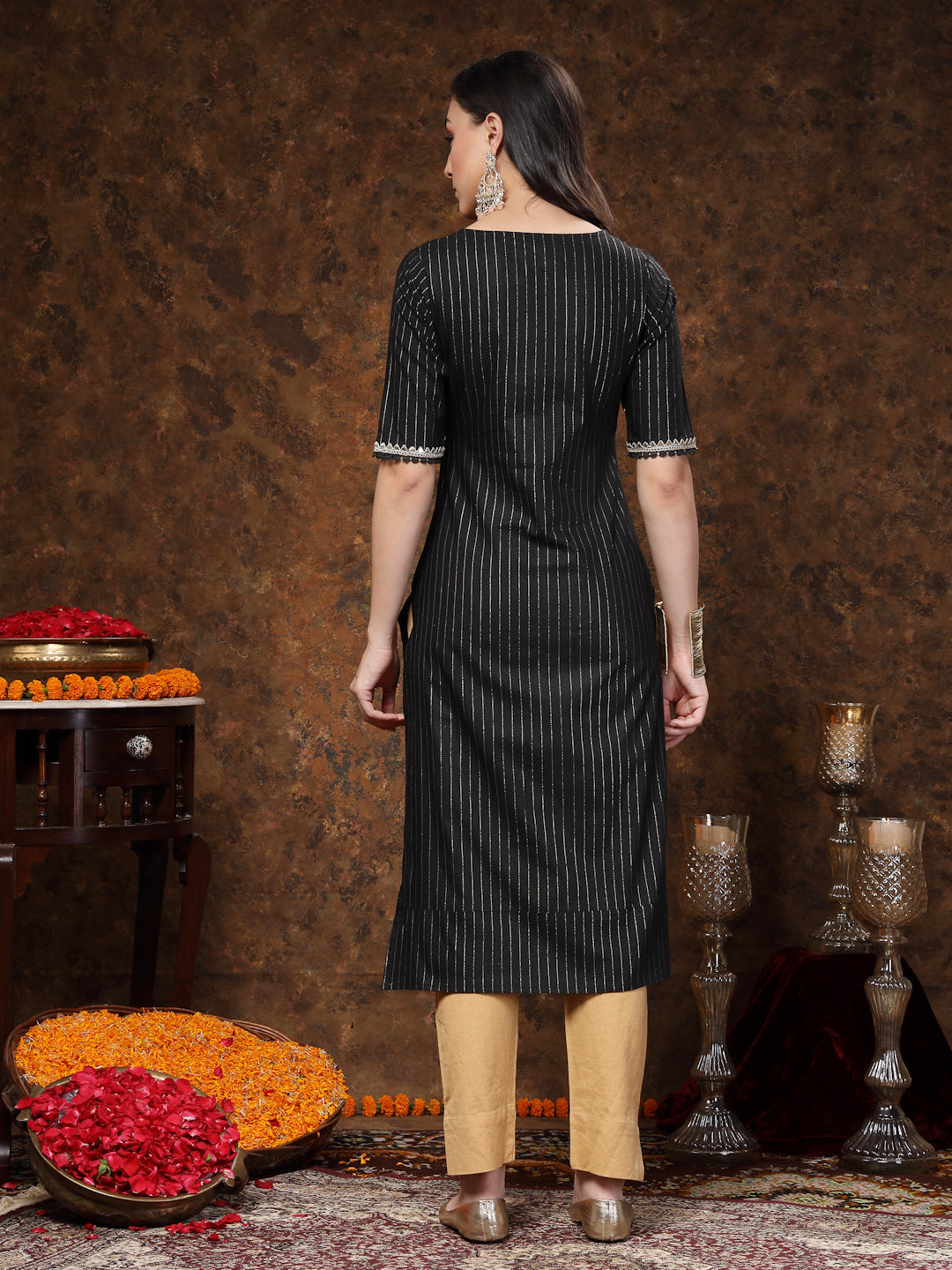 Black Woven Design & Embroidered Lurex Cotton Straight Kurta (Pre-Order)