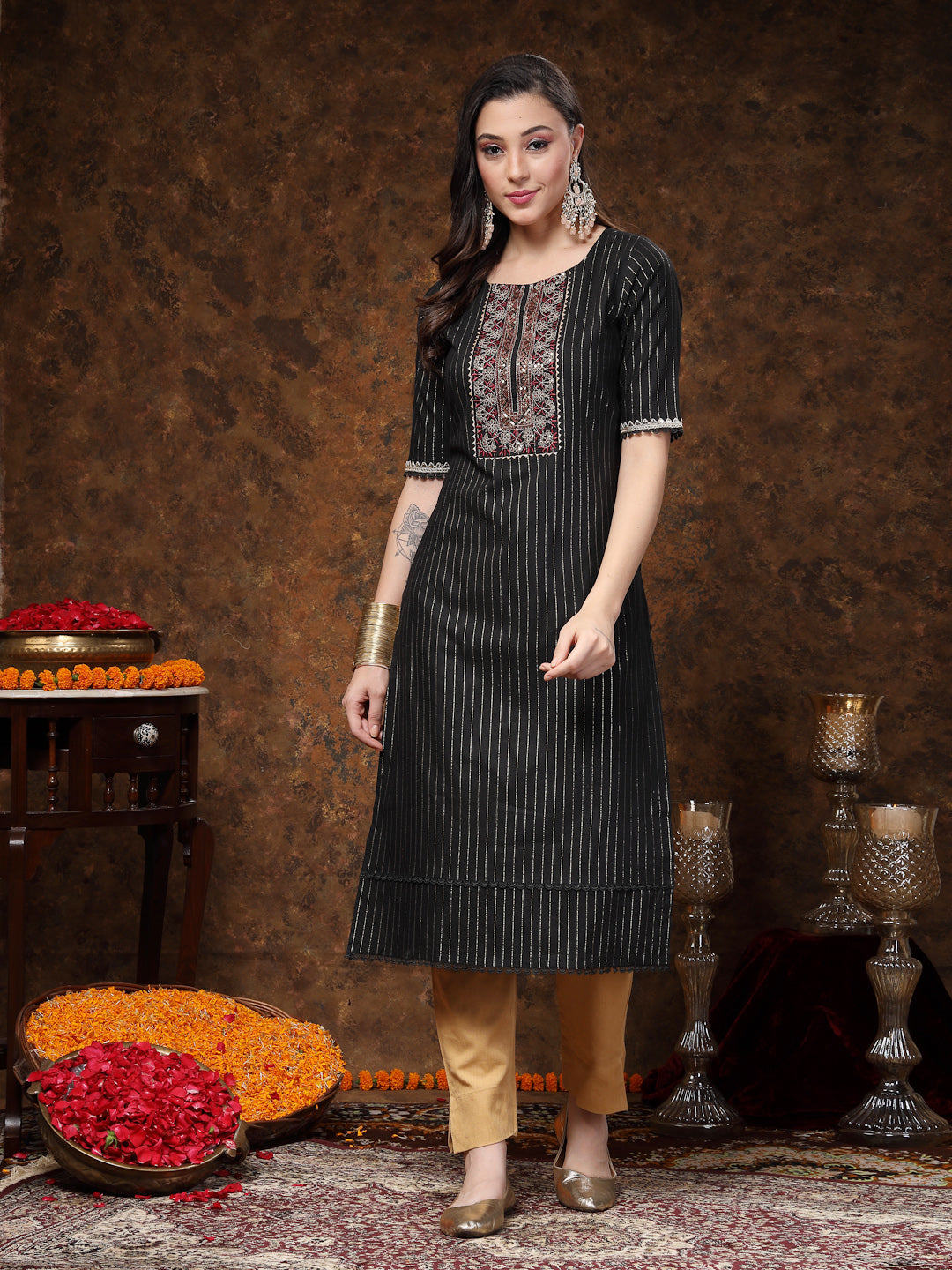 Black Woven Design & Embroidered Lurex Cotton Straight Kurta (Pre-Order)