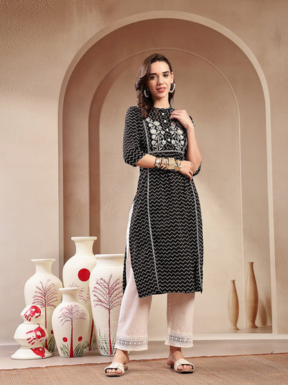 Black Self Designed & Embroidered Cotton A-Line Kurta